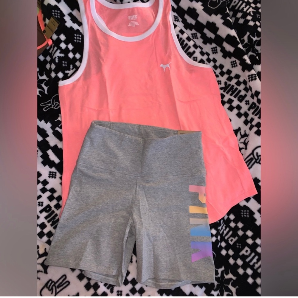VS Pink 6" Cotton Biker Shorts Rainbow Gradient &
Coral Flash Racerback Tank Top